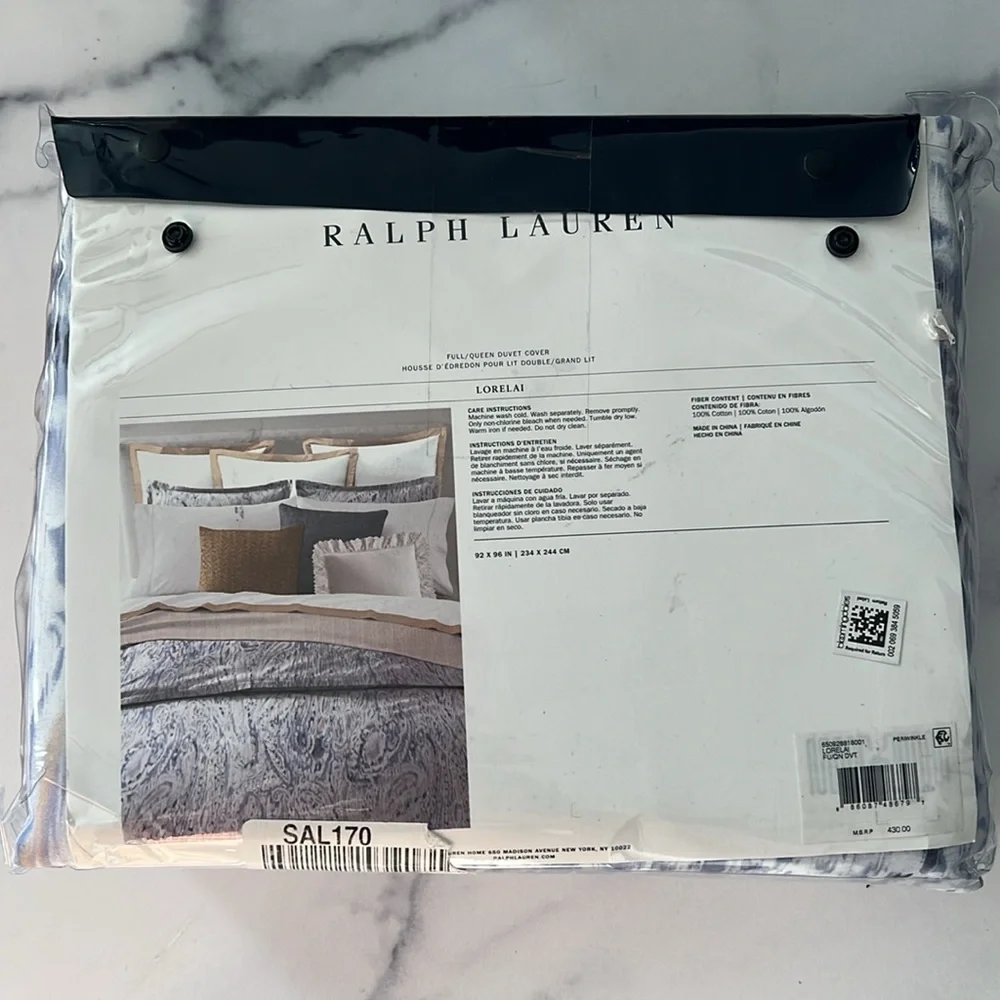 Ralph Lauren Lorelai Cotton Sateen Queen Duvet Cover in Periwinkle, NEW w/Tag